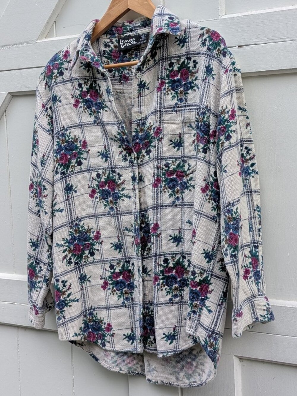 Vintage 90s LemonGrass Floral Grid Waffle Knit Button-Down Shirt